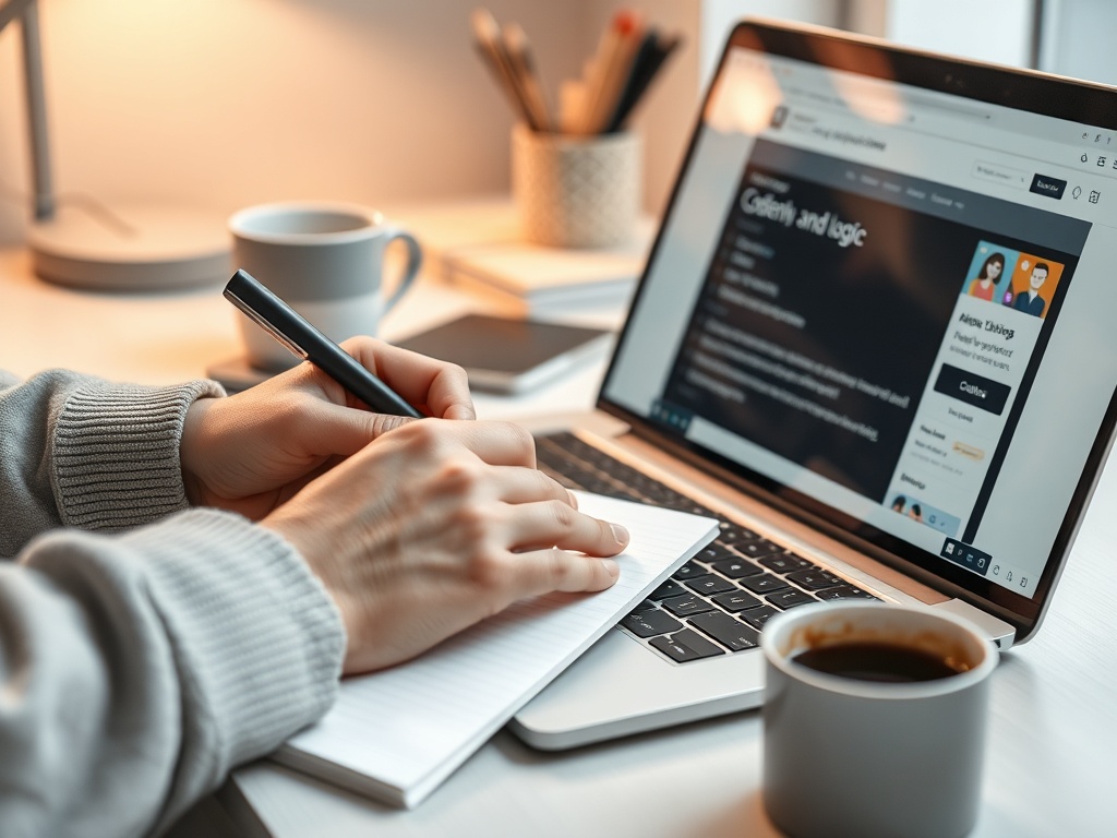 На столе ноутбук, чашка кофе, блокнот и ручка. Человек записывает заметки, смотря на экран.