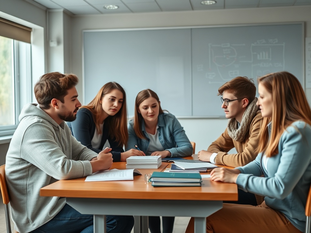 Группа студентов обсуждает за столом учебные материалы в учебной аудитории.