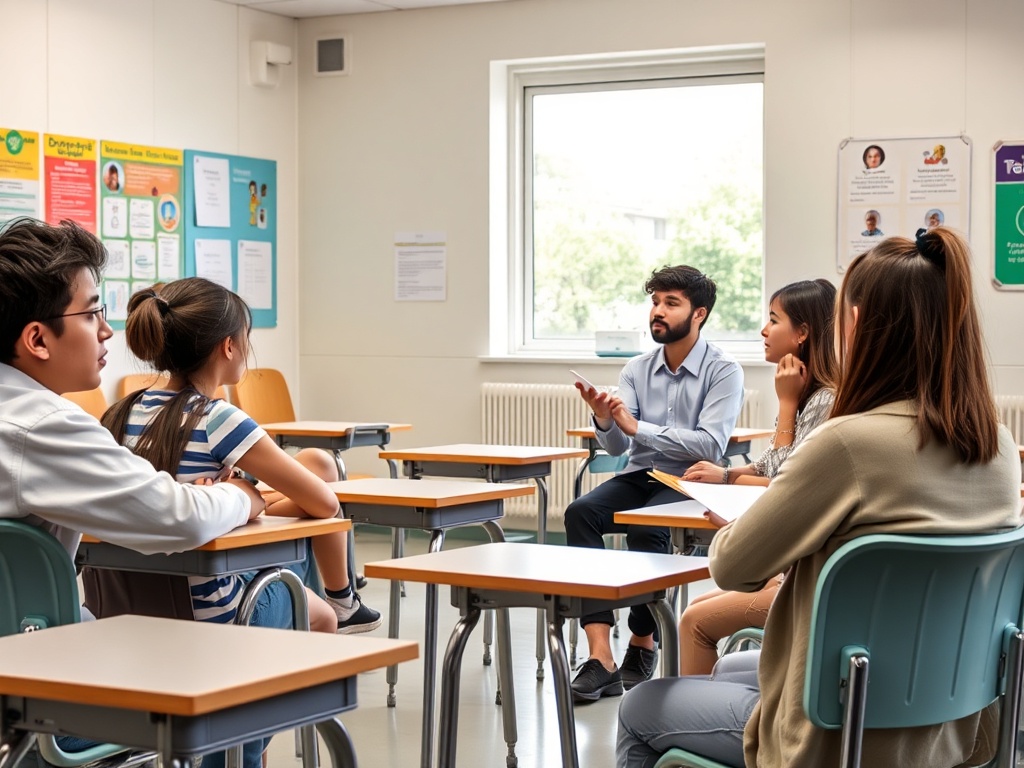 Группа студентов обсуждает темы в классе с преподавателем у доски. Настрой сосредоточенный и заинтересованный.