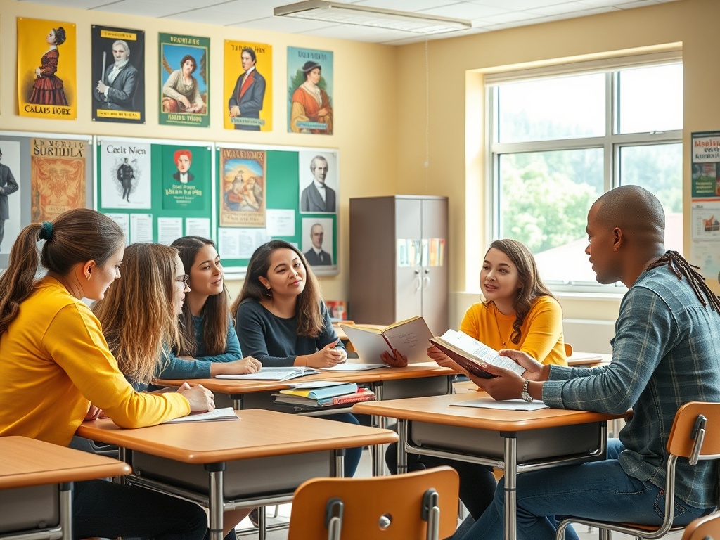 Группа студентов-discuss обсуждает учебный материал в классе, окруженном образовательными постерами.