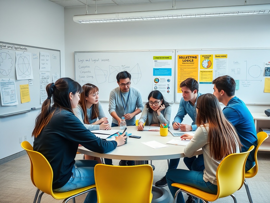 Группа студентов обсуждает задания за круглым столом, рядом доски с заметками и схемами.
