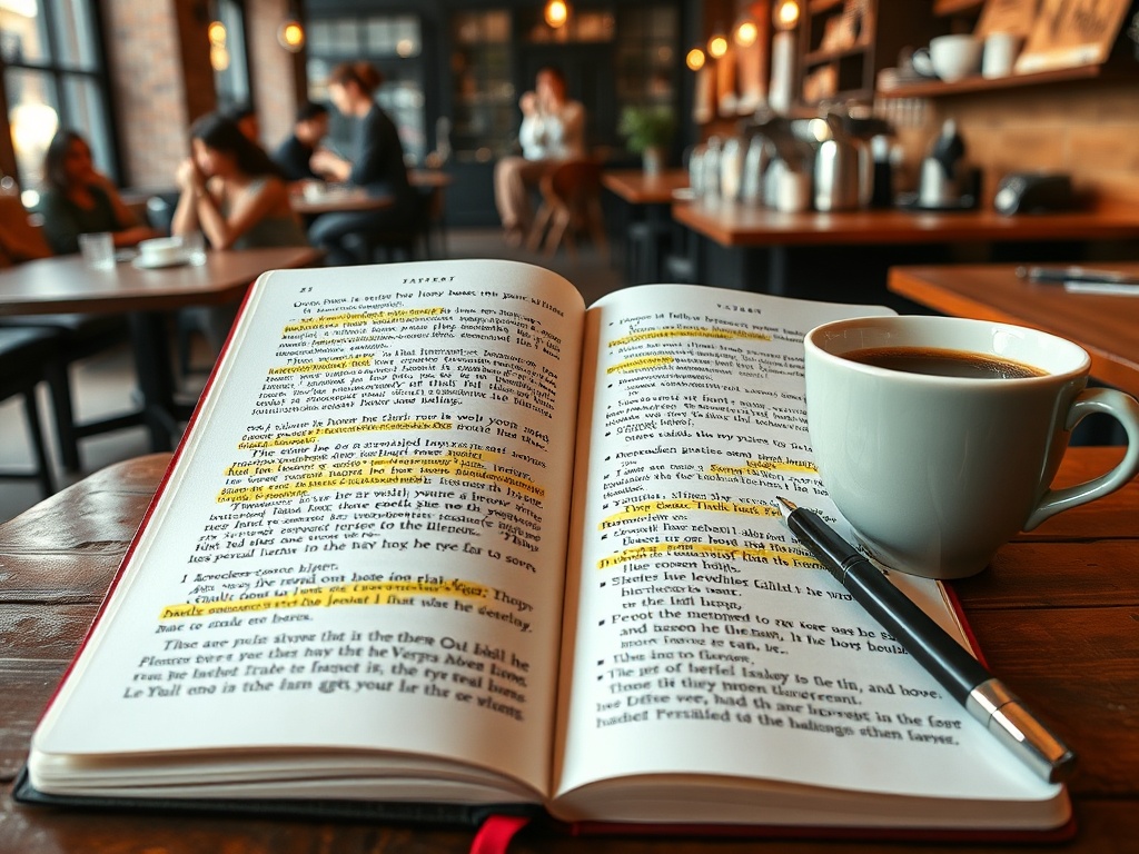 Открытая книга с пометками, рядом с ней чашка кофе и ручка, фоновая обстановка кафе.