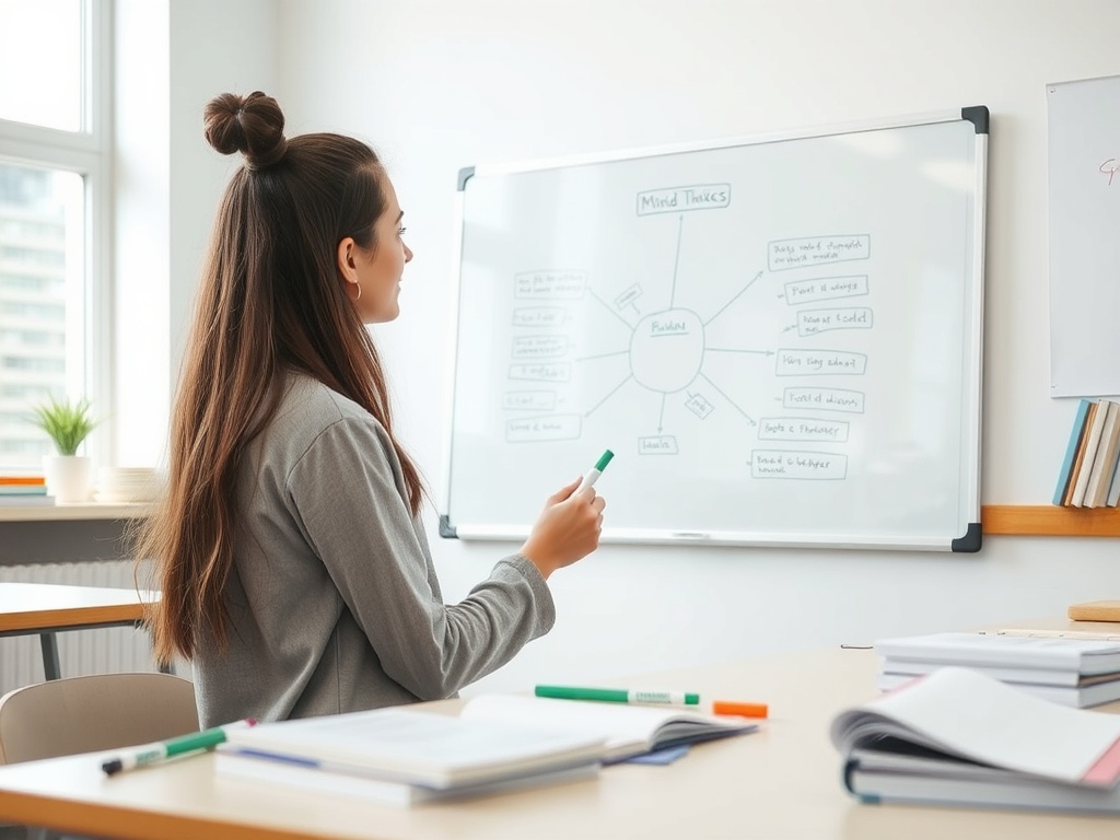 Студентка у белой доски, создающая майнд-карту с помощью маркера. Урок в классе. Столы и книги на заднем плане.