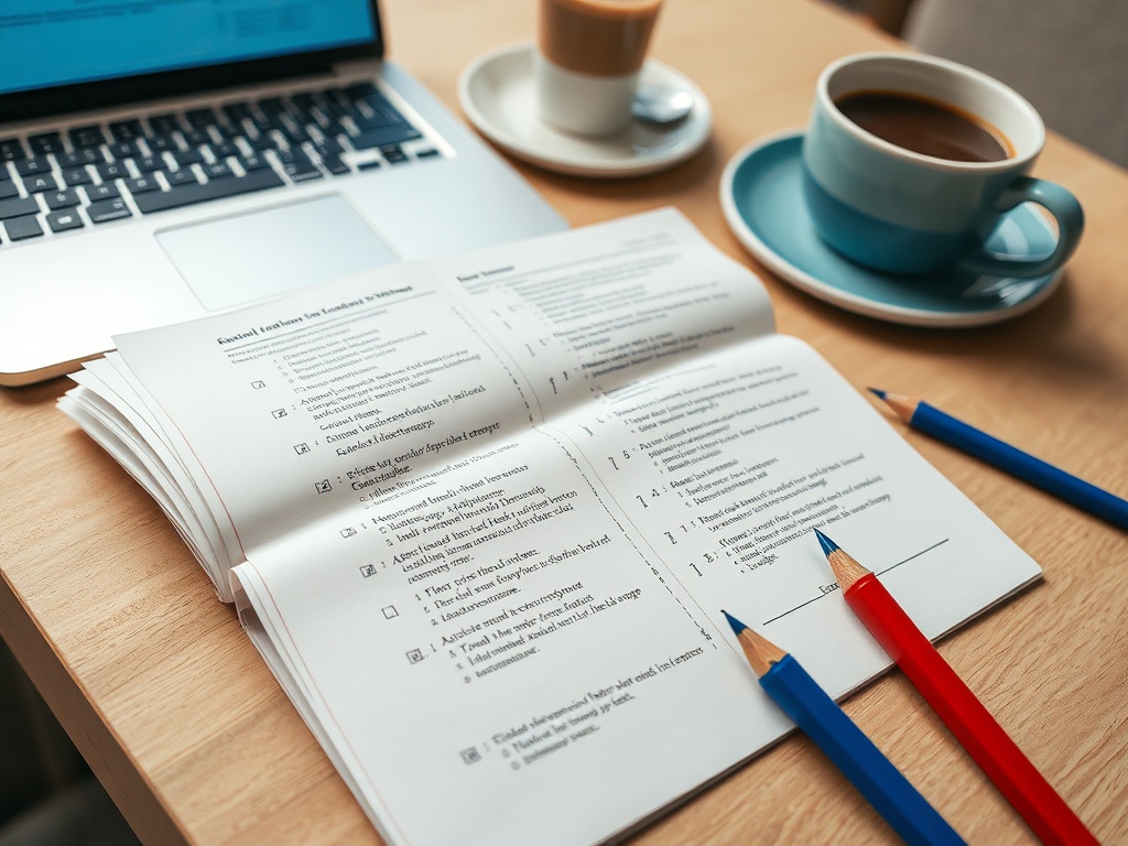 На столе лежит раскрытая книга, рядом с ней цветные карандаши, кофе и ноутбук.