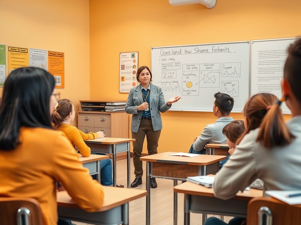 Учитель объясняет материал в классе, учащиеся внимательно слушают урок. На стене графики и схемы.