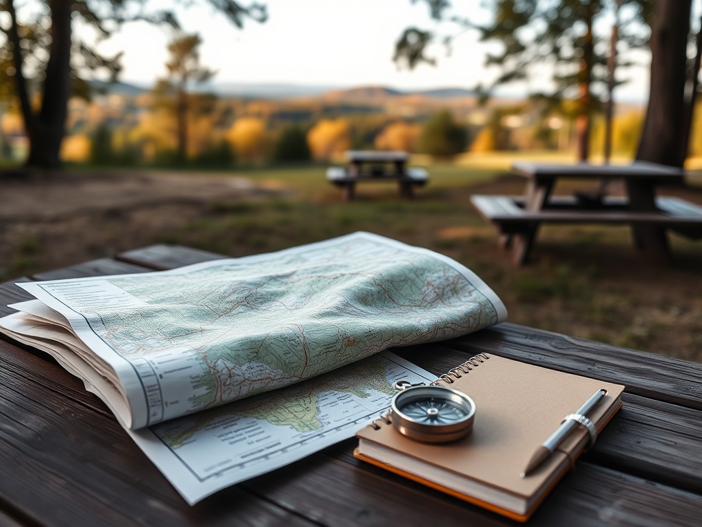 На столе лежит карта, компас и блокнот на фоне живописного пейзажа с осенними деревьями.
