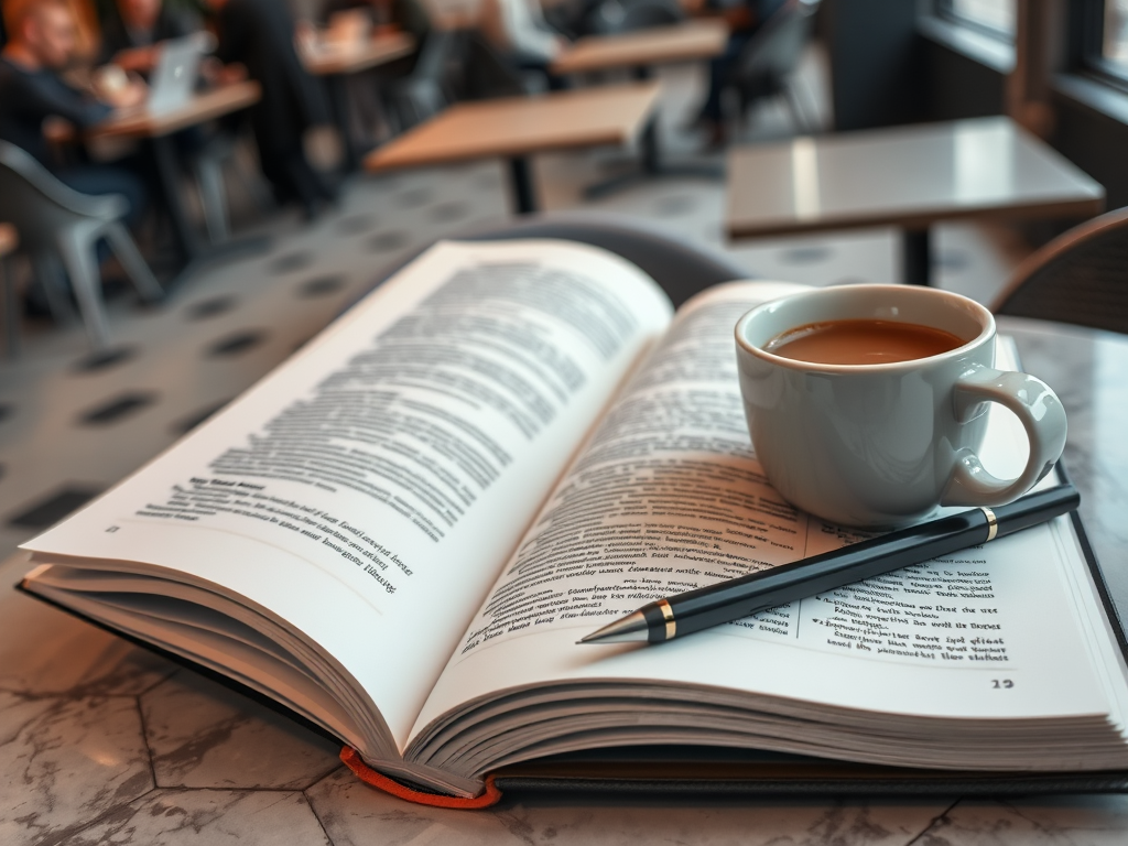 Открытая книга на столе с чашкой кофе и ручкой, в кафе с людьми на фоне.