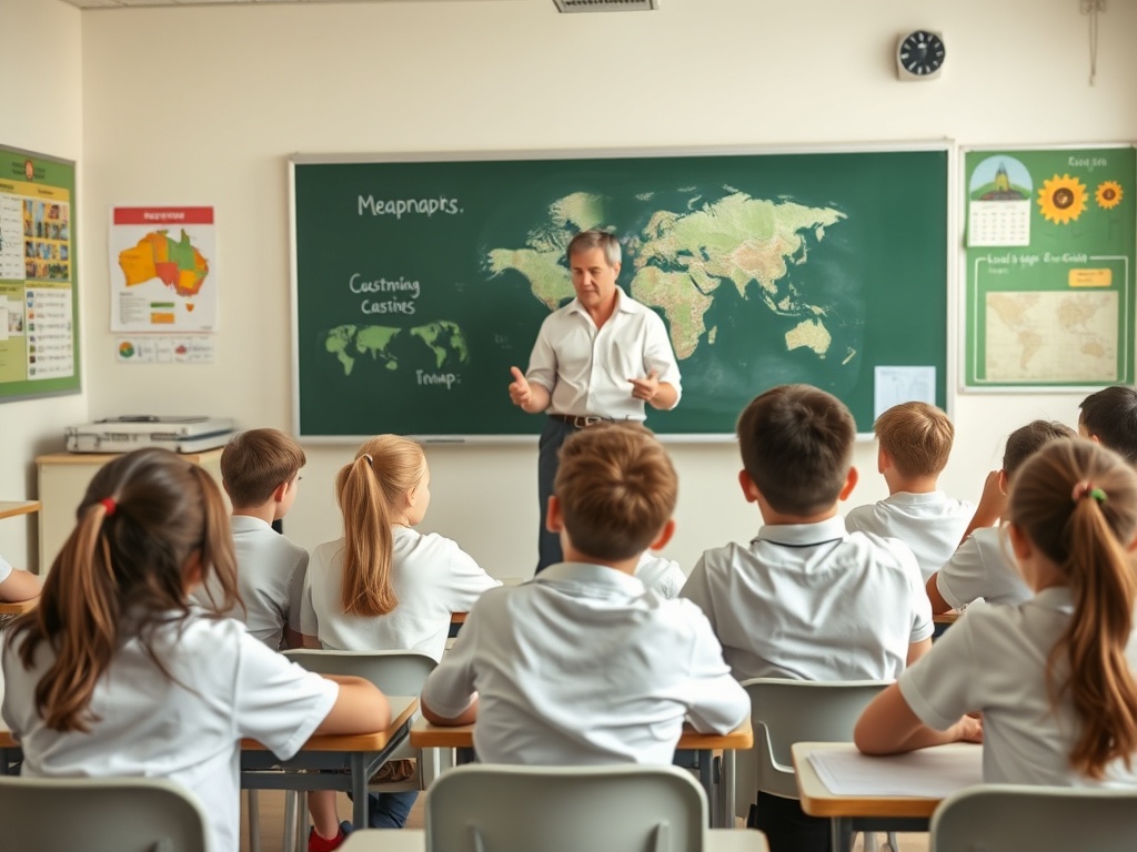Учитель объясняет географию группе учеников в классной комнате, на стене карты мира.