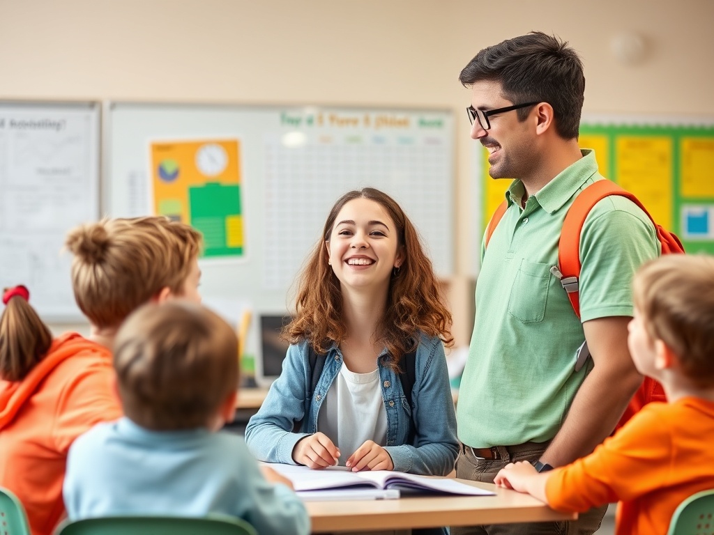 Ученики и учитель общаются в классе, атмосфера дружелюбная и непринужденная.