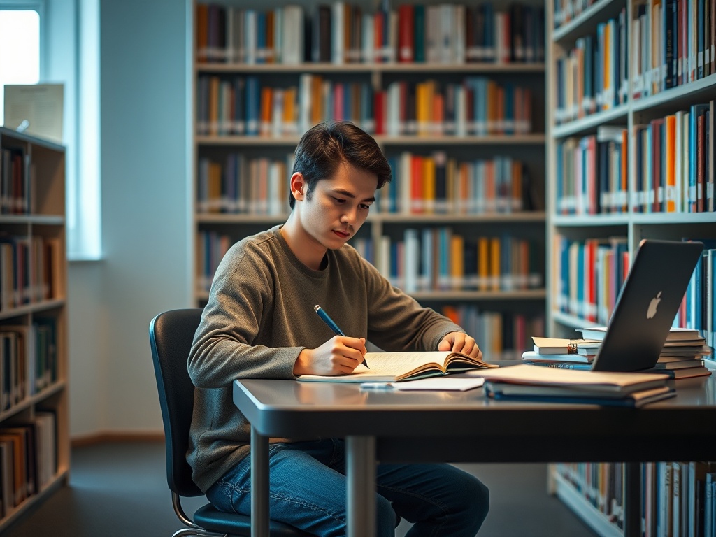 Мальчик учится в библиотеке, записывая информацию в тетрадь рядом с ноутбуком и книгами.