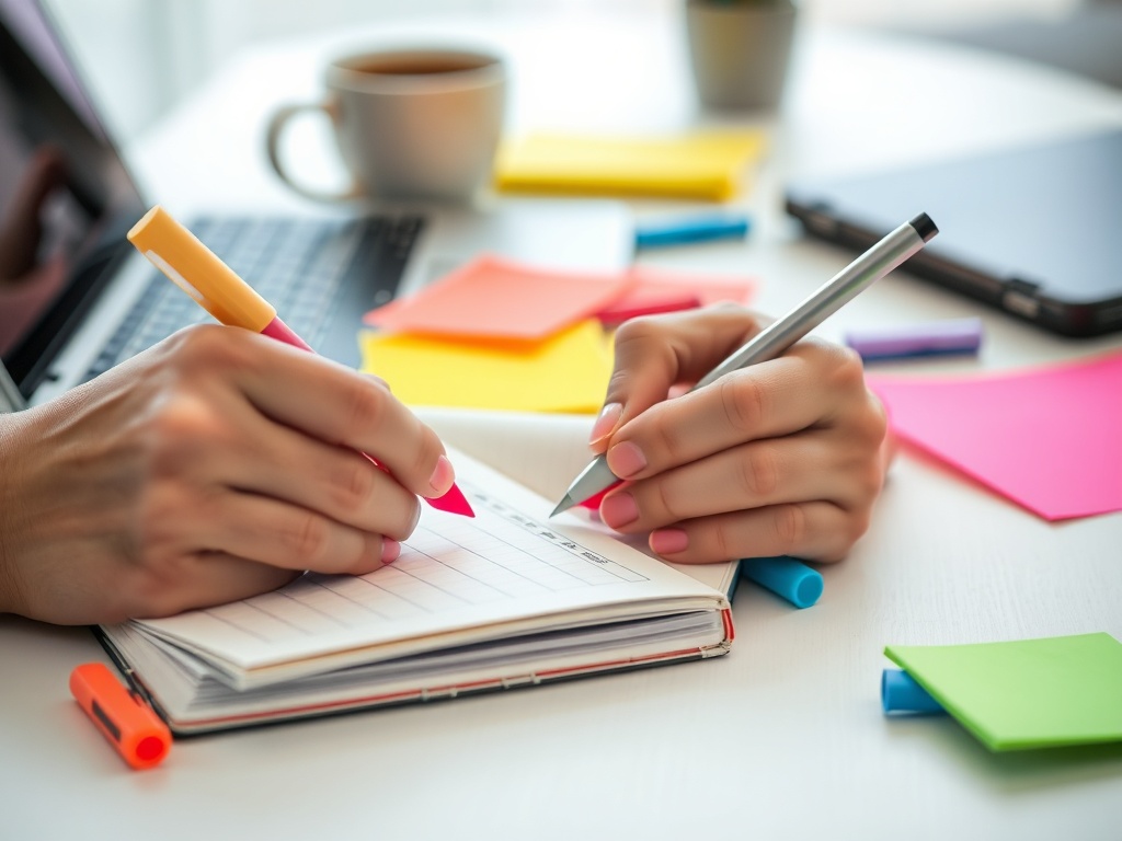 На столе ноутбук, блокнот и разноцветные маркеры. Человек пишет заметки с помощью ручки и фломастера.