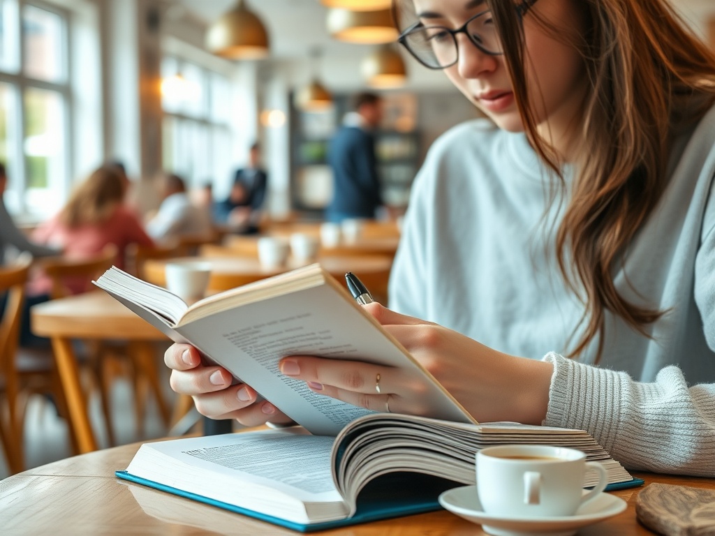 Девушка с книгой в руках и чашкой кофе, глубоко погружена в чтение в уютном кафе.
