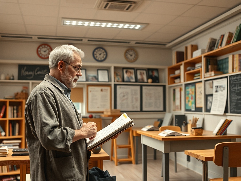 Пожилой мужчина с белыми волосами записывает заметки в классе с книгами и досками на стенах.